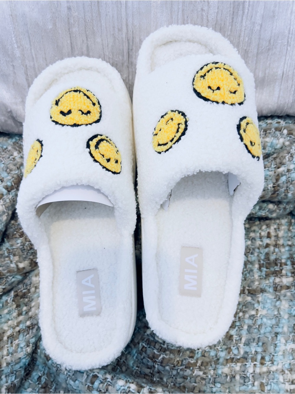 MIA White Smiley Slide Slippers with Logo Tab